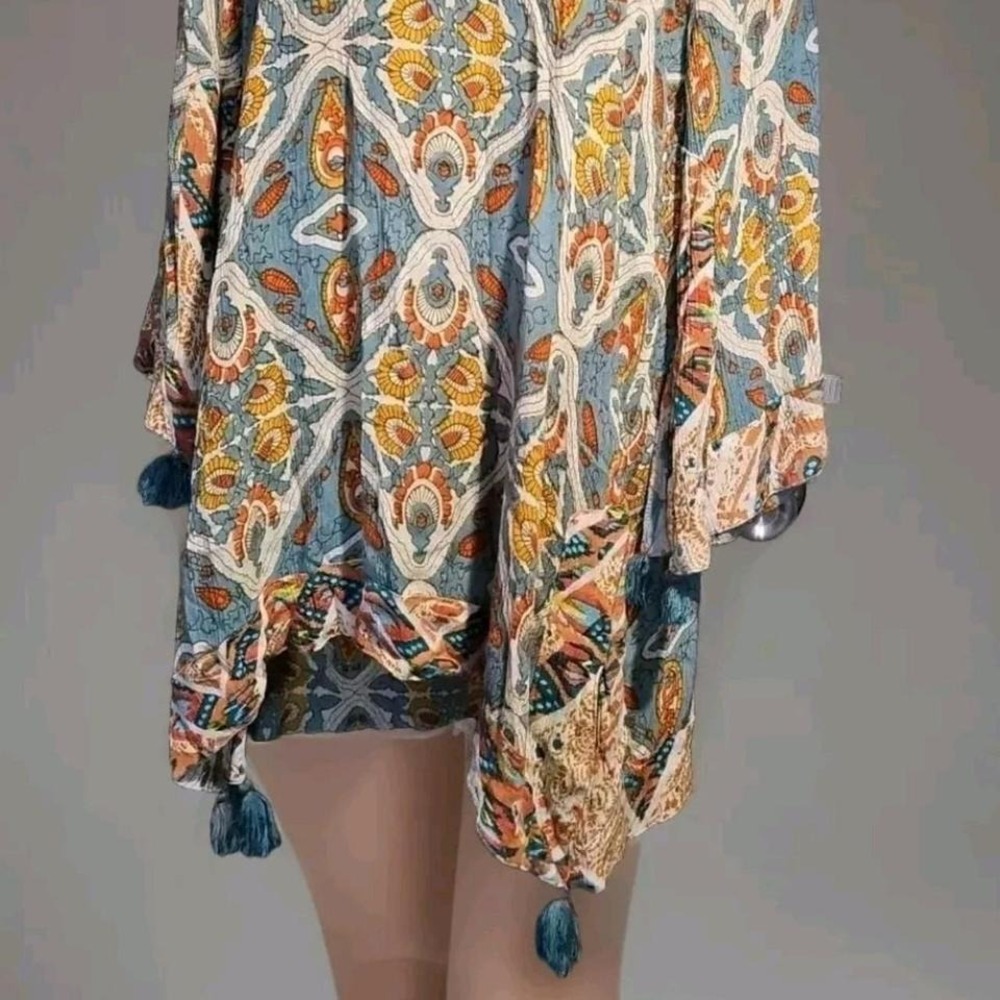 Tassel Summer Tunic Top‎ Women Relaxed Small Boho Beachy Flowy Flare Sleeve 15A